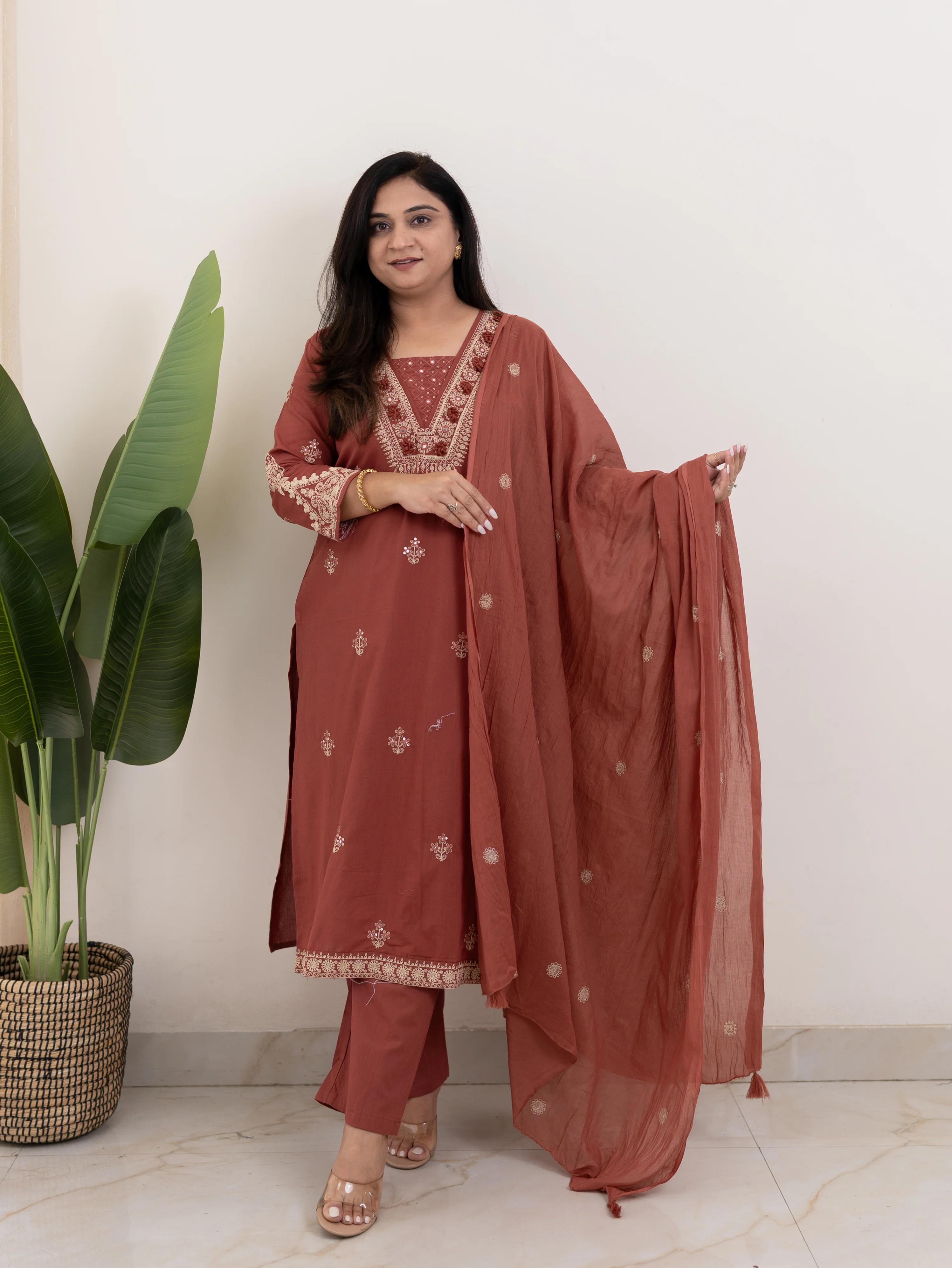 Zoohi Rust Cotton Embroidered Straight Dupatta Set - Image 3