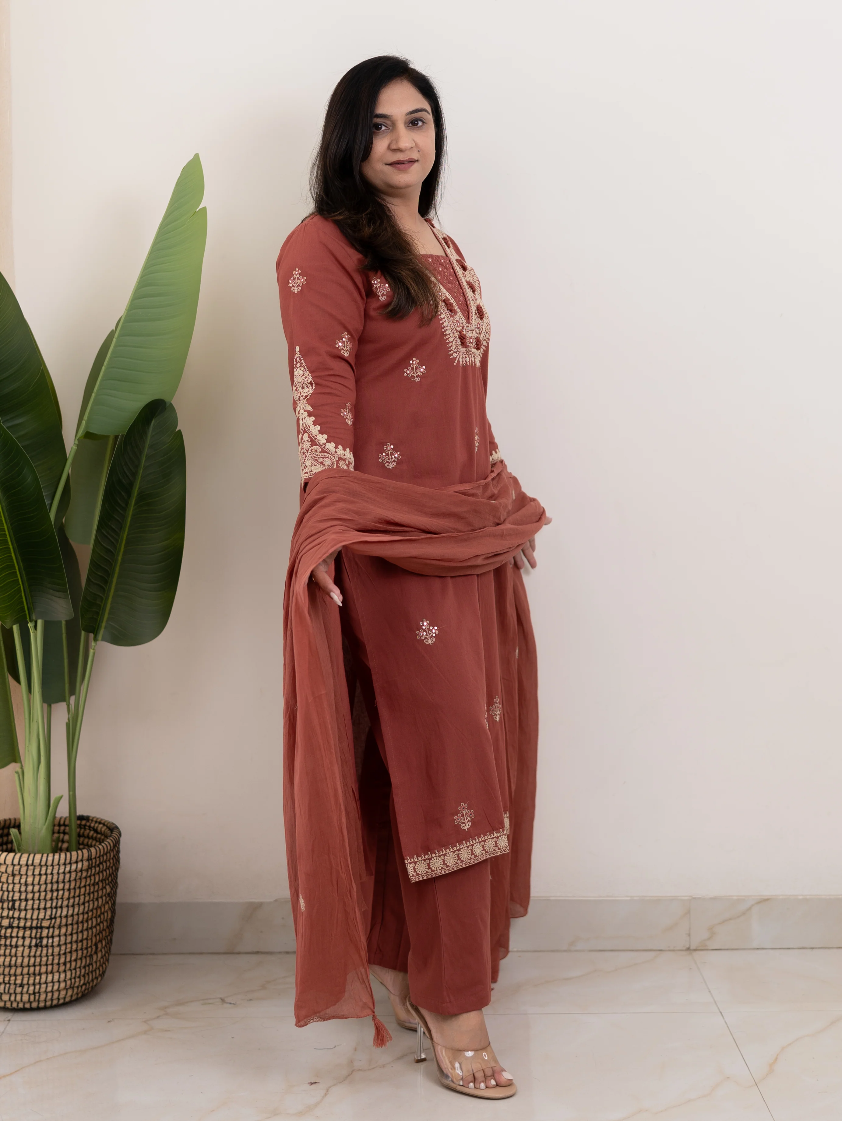 Zoohi Rust Cotton Embroidered Straight Dupatta Set - Image 5