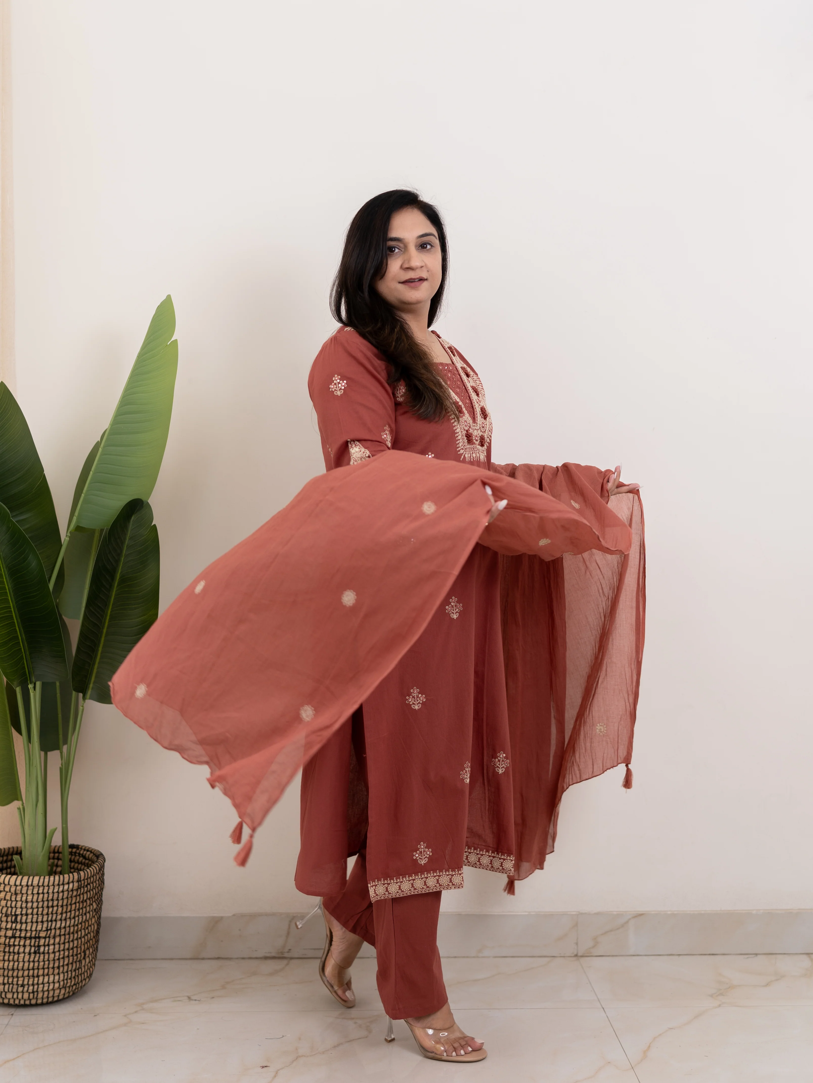 Zoohi Rust Cotton Embroidered Straight Dupatta Set - Image 6
