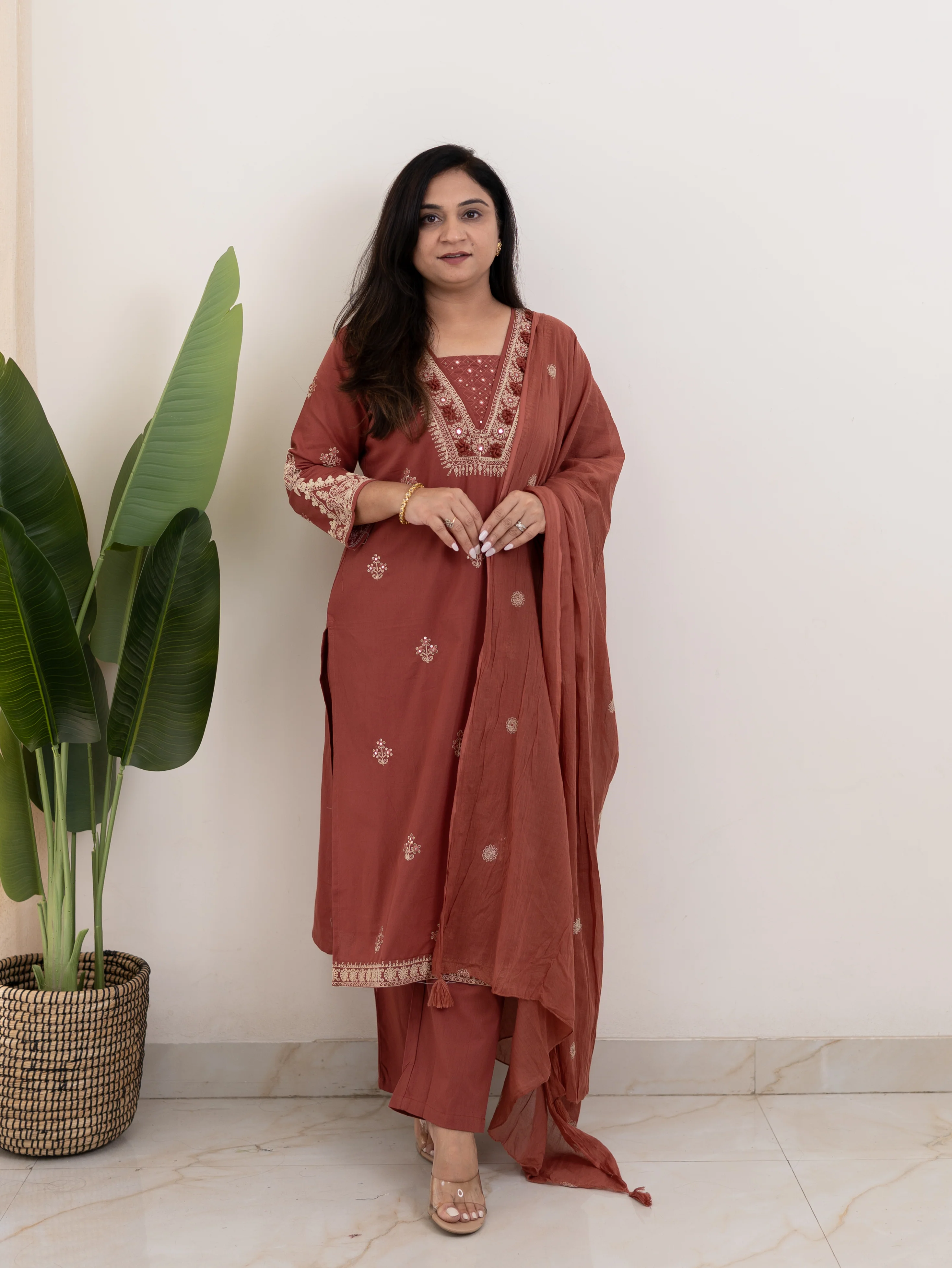 Zoohi Rust Cotton Embroidered Straight Dupatta Set - Image 7